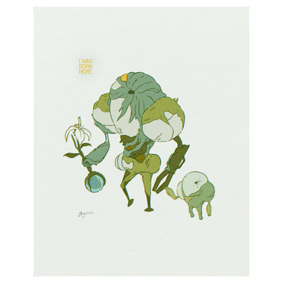 Risograph print of a overgrown plants on top of a robot, Levi from Scavenger's Reign. Levi holds hands with a smaller version of itself and a growing plant in the other hand.