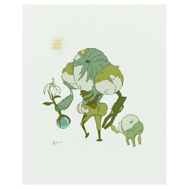 Risograph print of a overgrown plants on top of a robot, Levi from Scavenger's Reign. Levi holds hands with a smaller version of itself and a growing plant in the other hand.