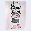 A cute watercolor-style illustration of a girl with braided pigtails holding a pink pig, with a chicken on her head, set against a soft pink watercolor background.
