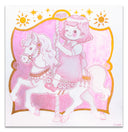 Illustration of a girl riding a pink horse on a carousel with decorative elements on a white background
