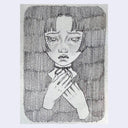 A monochrome illustration of a girl with short dark hair, wide eyes, and crossed hands, rendered in a sketch-like gray-and-white style on a light background.