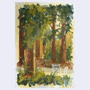 A watercolor painting of a forest scene with tall brown tree trunks, green and yellow foliage, and a small white cat near the bottom right, shown on textured paper against a light gray background.