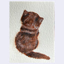 A watercolor painting of a brown kitten sitting and looking to the right, rendered on textured off-white paper against a light gray background.