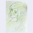 A hand-drawn pencil sketch of an elf character with pointed ears and green eyes, colored in light green and pink on textured paper.