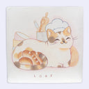 Colored pencil illustration on paper of a calico cat, sitting wearing a baker's cap and cradling bread loaves in its tails. Bowls and baking supplies are behind it. Text at the bottom reads "loaf"