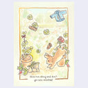 Watercolor and colored pencil illustration of a small brown rabbit running through a vegetable garden, with shoes and a shirt being flung up.