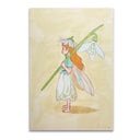 Illustration of a small flower fairy, standing in a side profile view and holding a large white flower on its stem.