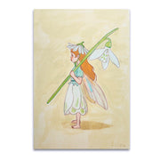 Illustration of a small flower fairy, standing in a side profile view and holding a large white flower on its stem.