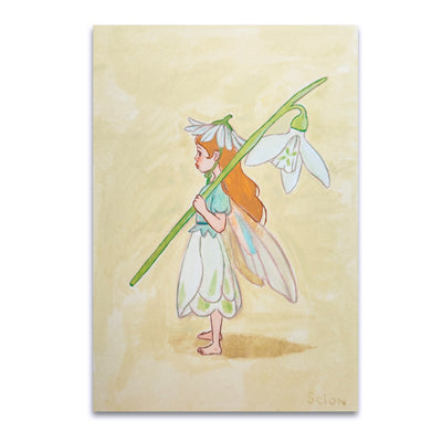 Illustration of a small flower fairy, standing in a side profile view and holding a large white flower on its stem.