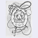 Ink illustration of a girl coming out of a Tamagotchi toy, with nautical detailing around the girl's hair and attached to the keychain.