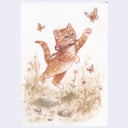 Illustration of a kitten with a pink bow in a sepia colored grassy field with butterflies.