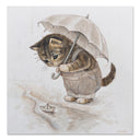 Illustration of a brown kitten wearing overalls and holding an umbrella, looking down at a passing paper boat which runs down a small stream.