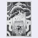 Graphite illustration of a wide mouth vase with patterning of florals and a winding black snake in the center. Growing from it is a bonsai tree with stars in it. 