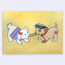 Watercolor illustration of 2 cartoon style puppies (one white and the other brown and spotted). They are dressed in beach wear and play tug of war with a rope toy.