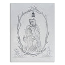 Graphite illustration on gray paper of a fox in a suit standing next to a tree stump with branches forming an arch above.