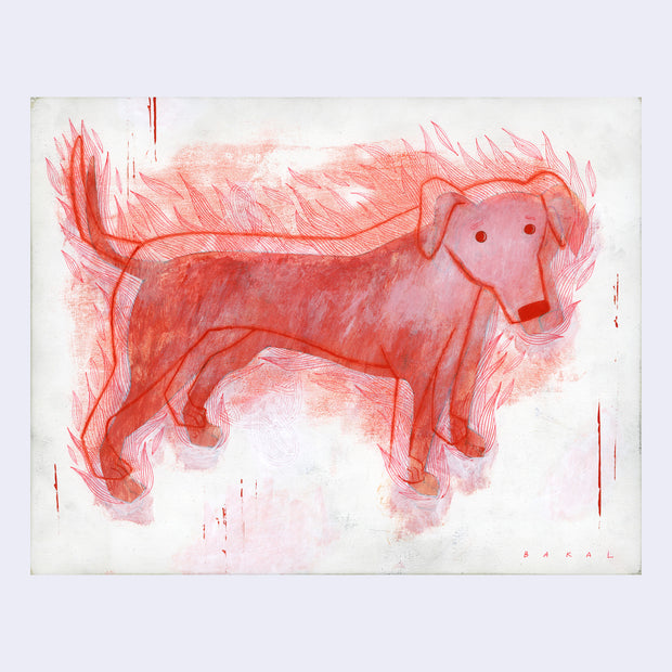 Drawing of a red cartoon style dog, with its image repeated off to the side like a offset print. It has red flames flowing from it.