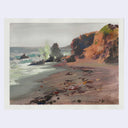 An impressionist watercolor painting of a coastal beach scene with rocky cliffs, ocean waves, and driftwood on the sand, presented on a white paper sheet against a light gray background.