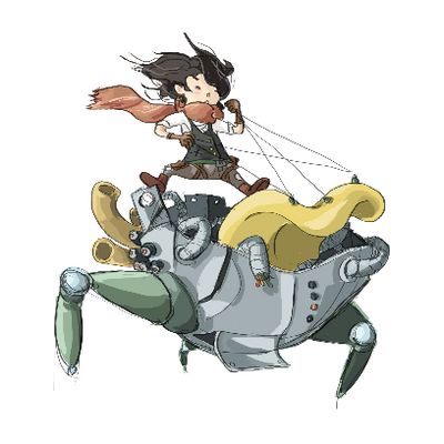 Illustration of a girl with a red scarf standing atop of a chrome crab like robot, controlling its movement with strings like horse reins.