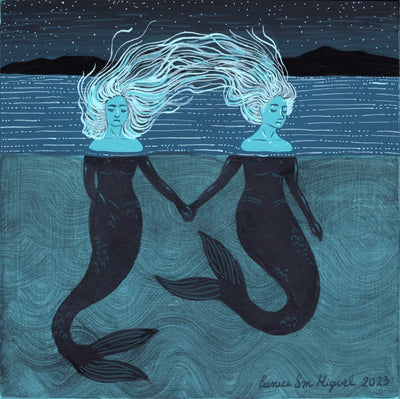 Painting, all blue monotone with some blacks of 2 mermaids swimming at night, holding hands, Their faces are somber and their hair is wild, intertwined with one another's. 