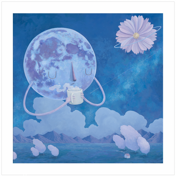 Illustration, mostly blue and purple, of a large moon with a simplistic closed eye expression. Its long, skinny arms hold a steaming mug up to its mouth. In the sky is a purple daisy flower hangs, with a thin ring around it like Saturn. Ground is flat with a mountain range and tall clouds, windblown trees and a tiny house.