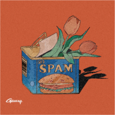 Art illustration of a spam can holding 2 red tulips on red background.