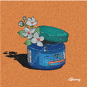 Print of a tub of Vicks Vaporub with small white flowers placed in it like a vase.