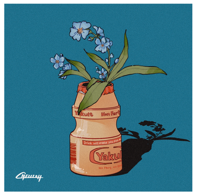 Illustration of a bottle of Yakult, with small blue flowers and greenery being held in like a vase. Background is a teal blue.