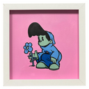 Illustration with stark black outline of a small green character with a large black pompadour hairstyle and blue baggy clothing. They crouch down and begin to grasp a blue flower that grows out of the ground. Background is bright pink.