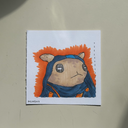 marker illustration of a brown animal like creature, seen from the neck up, wearing a blue hood with a blue and orange cloak.