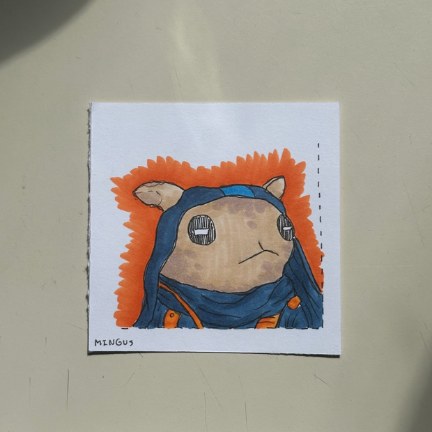 marker illustration of a brown animal like creature, seen from the neck up, wearing a blue hood with a blue and orange cloak.