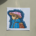 Marker illustration of a mushroom headed character, looking to the side and wearing a blue jacket and a brown backpack.