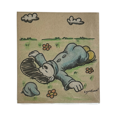 Marker illustration on tan paper of a character with a pompadour style hair and a blue cloak, laying in a grassy field amongst flowers.