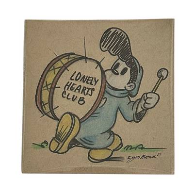Marker illustration on tan paper of a character in a blue robe, walking walking with a drum on his chest that reads "Lonely Hearts Club"