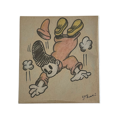 Marker illustration on tan paper of a character in a red cloak, falling down from the sky with cartoon movement lines and movement clouds.