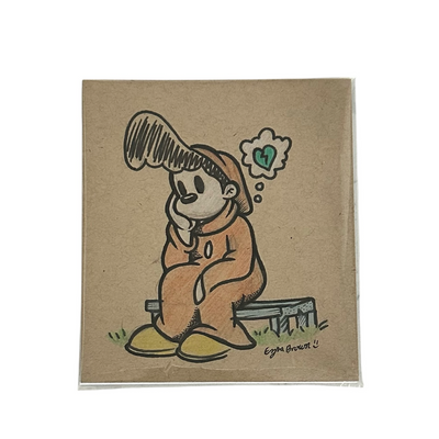 Marker illustration on tan paper of a character sitting on a bench, with his head in his hand and emoting a broken heart.