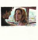 Painting based on a film still from Before Sunrise, a close up of a woman face to face with a man, who the viewer can't see besides from the side of his face.