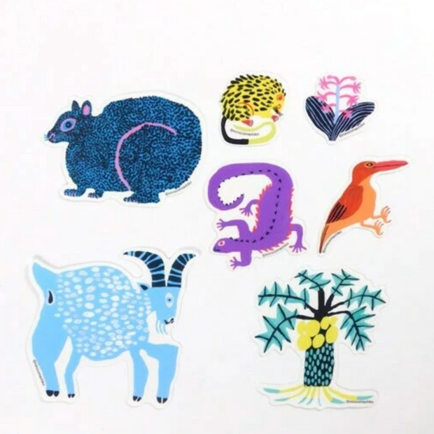 Sticker pack with 7 PVC stickers of animals and plants designed by Miroco Machiko, colorful animals and jungle themed plants.