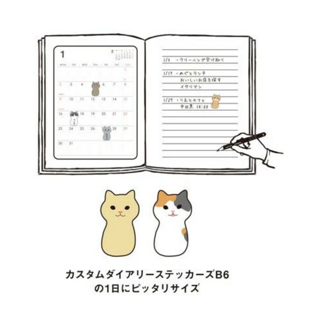 Example graphic of using the cat shaped stickers in one's journal or calendar.