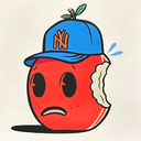 Illustration done in a heavy black line art comic style of an apple with a sad cartoon face, it has a bite taken out of it. It wears a blue "NY" hat and has a short stem and flowers coming out the top of the hat.