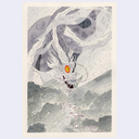 Watercolor illustration of a large, grey dragon with one large orange eye, flying down into a very small village.