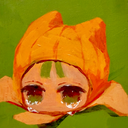 Painting of a crying face with green eyes, wearing a hat shaped like a cat but colored and textured like a tangerine, with bits of the peel peeled down to reveal the face.