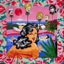 Colorful artwork with a woman in a pool and palm trees with heads atop of them on a floral background