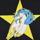 Black tote bag featuring a graphic of Lum from Urusei Yatsura, a human like girl with tiger striped bikini top, bikini bottom and boots. Her hair is blue and she is laying, with a yellow star behind her.
