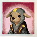 Rug tufting artwork of a cute cartoon brown chihuahua, wearing a hooded jacket with a yellow strip on it and a harness of sorts. Background is bright pink.