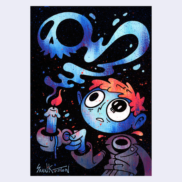 Painting of a blue character with orange hair holding a candle holder. The candle is lit and emits a skull shaped cloud of smoke with a long tail. 