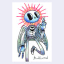 Colorful skeleton with wings and a peace sign on a light purple background