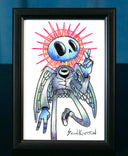 Framed illustration of a skeleton with a colorful halo on a white background