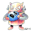 Illustration of a small red robot holding a blue skull in its arms.