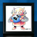 Illustration of a small red robot holding a blue skull in its arms. In a black frame.