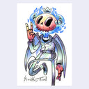 Colorful cartoon character with a crown and blue flames on a light purple background